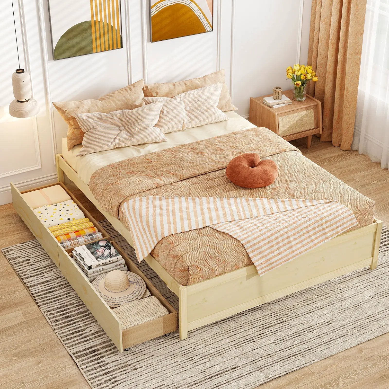 Queen Size Bed Frame with 2 Rolling Storage Drawers by DirectDeals