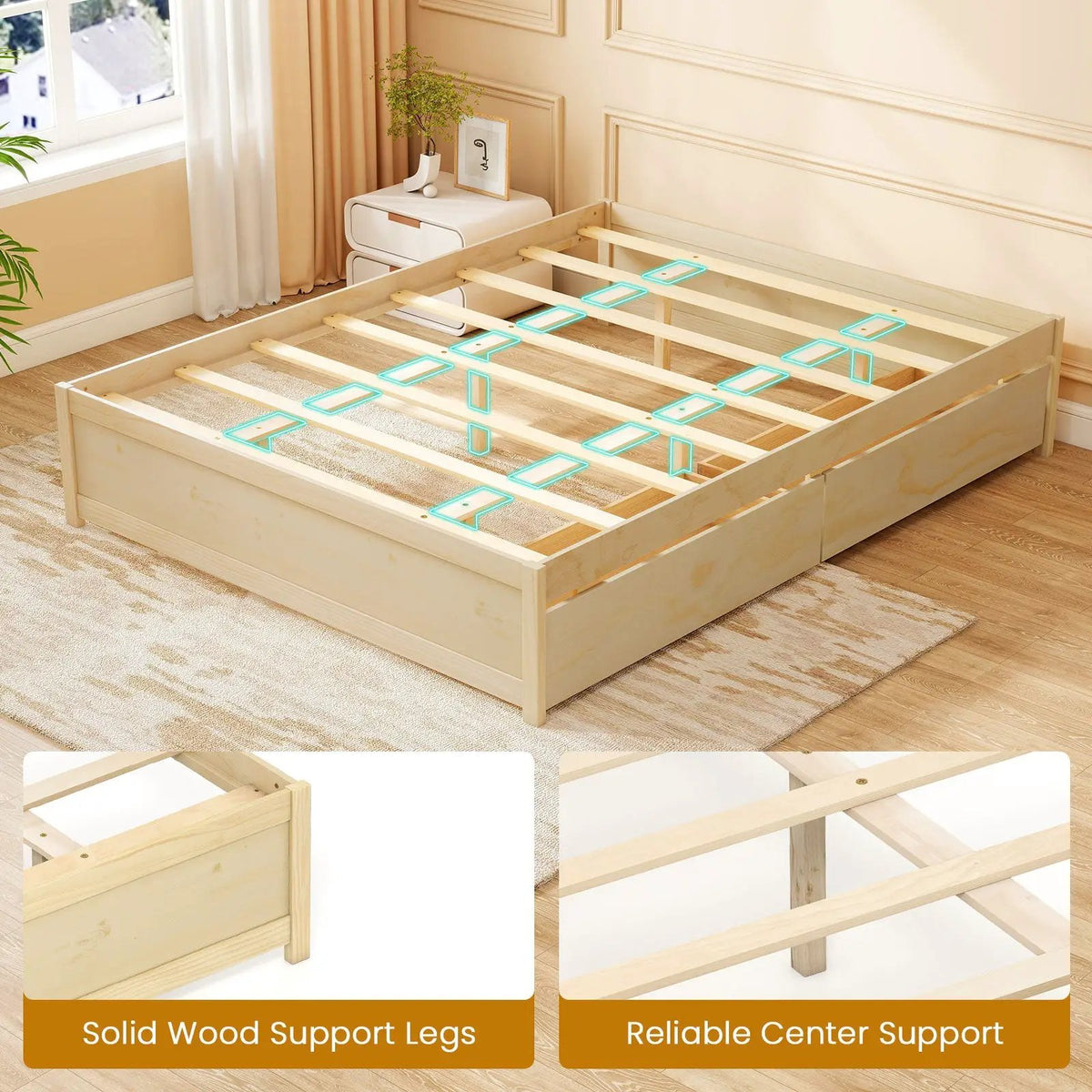 Queen Size Bed Frame with 2 Rolling Storage Drawers, photo 2 of 16