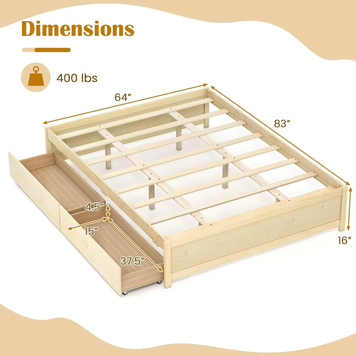 Queen Size Bed Frame with 2 Rolling Storage Drawers, photo 10 of 16