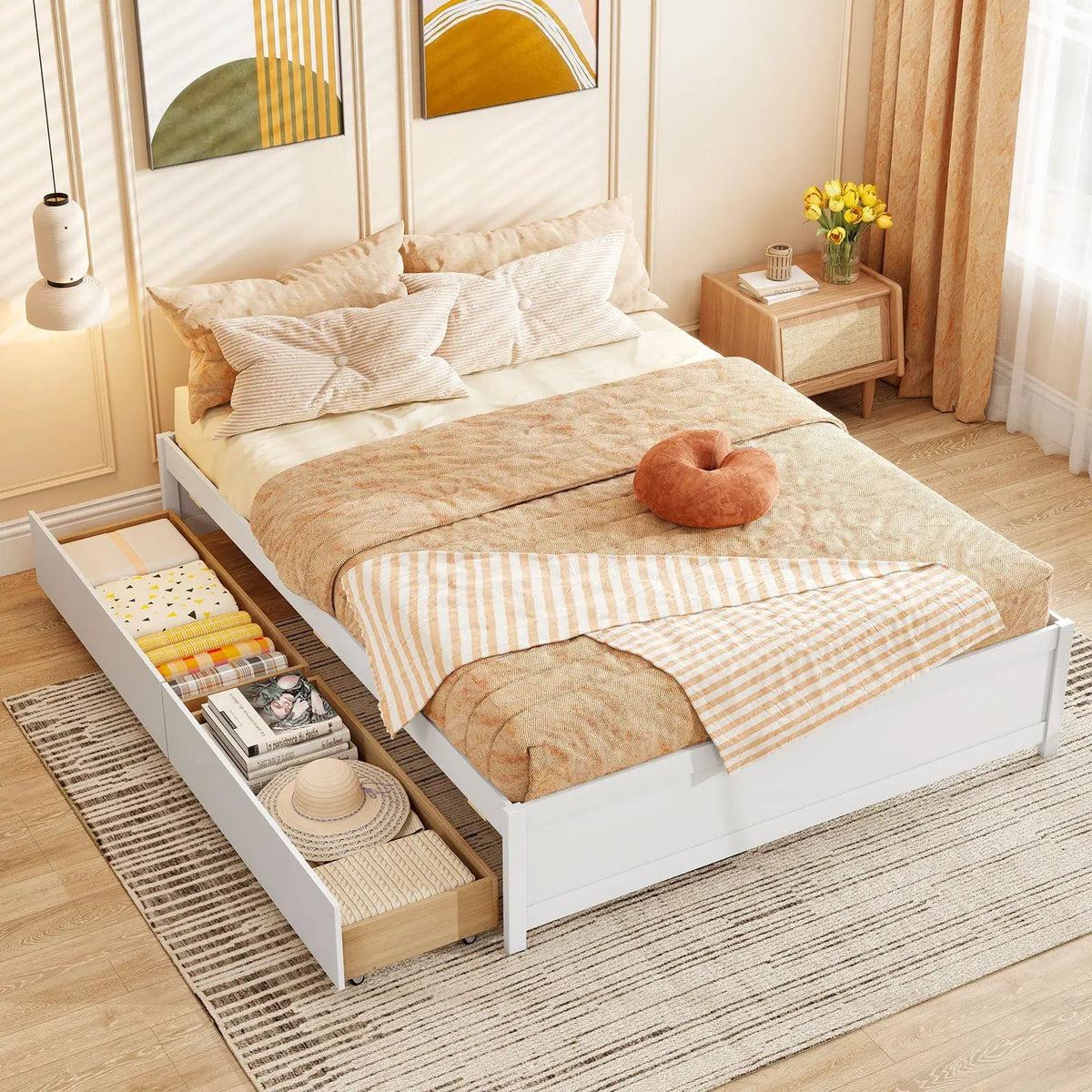 Queen Size Bed Frame with 2 Rolling Storage Drawers, photo 15 of 16