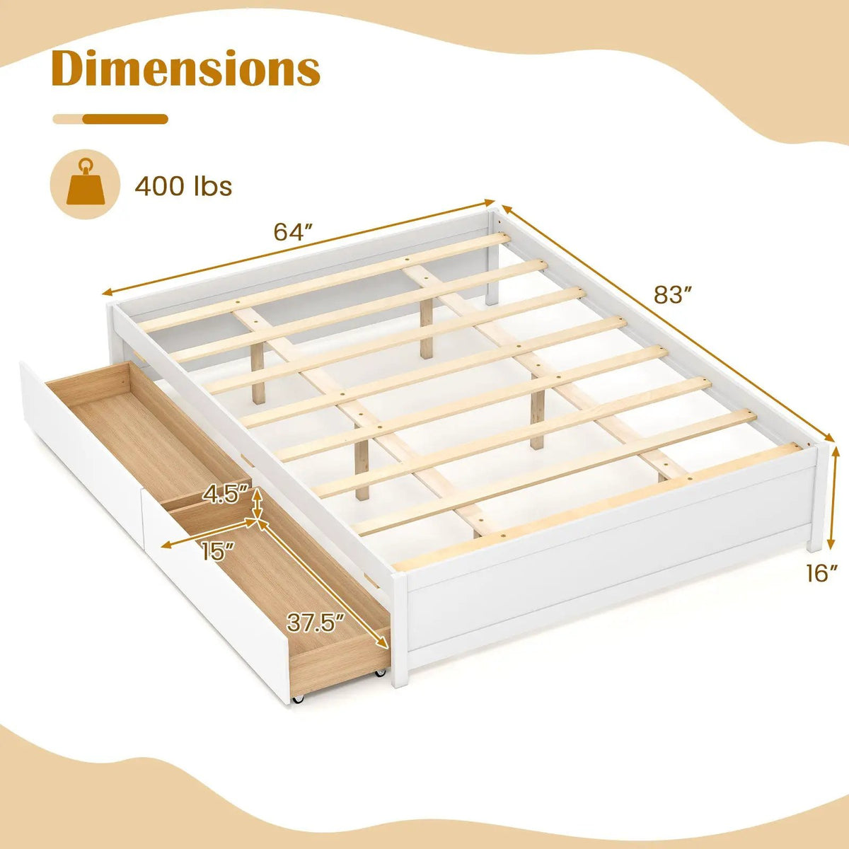 Queen Size Bed Frame with 2 Rolling Storage Drawers, photo 9 of 16