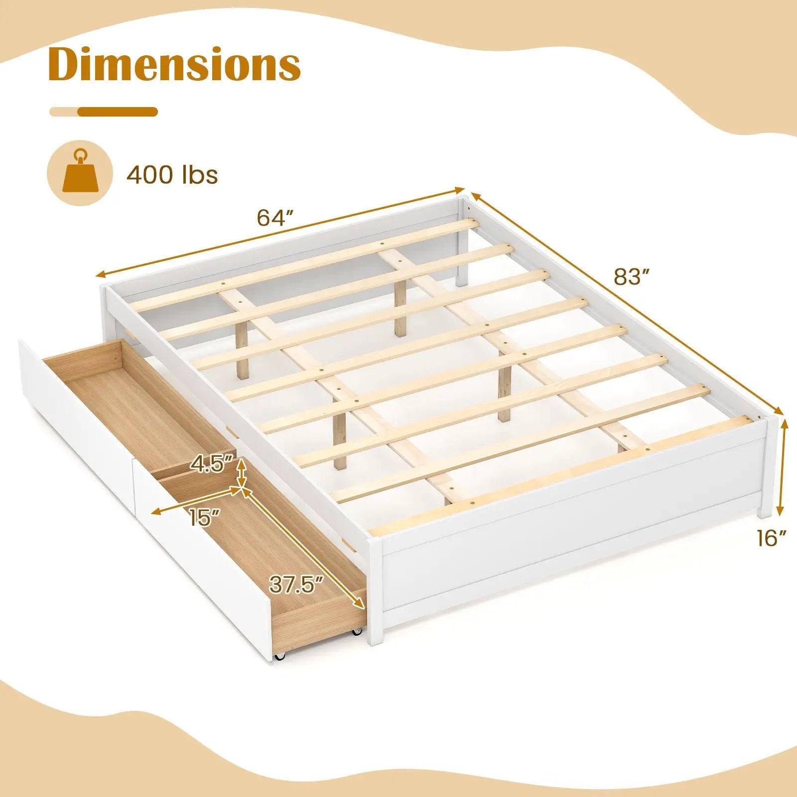 Queen Size Bed Frame with 2 Rolling Storage Drawers by DirectDeals
