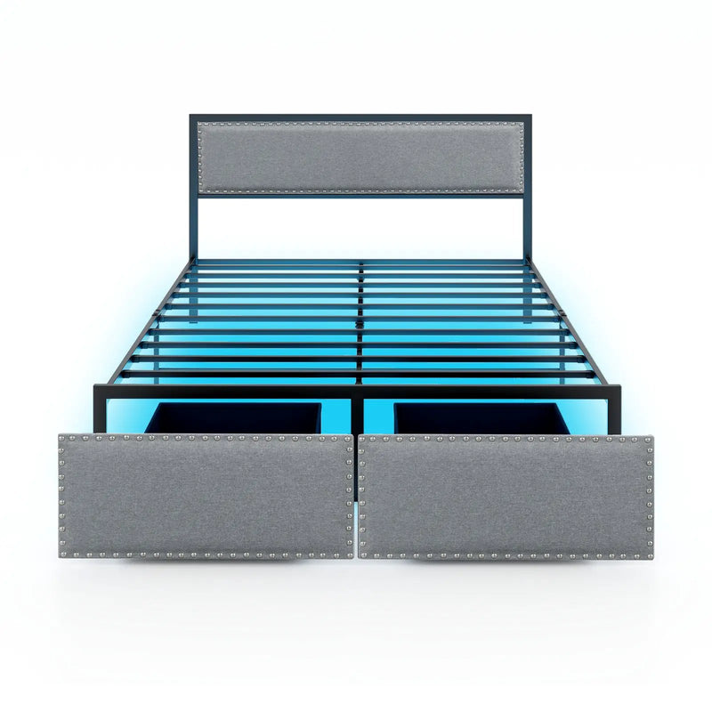 Full/Queen/Twin Size Bed Frame with LED Lights Drawer and Metal Slats by DirectDeals