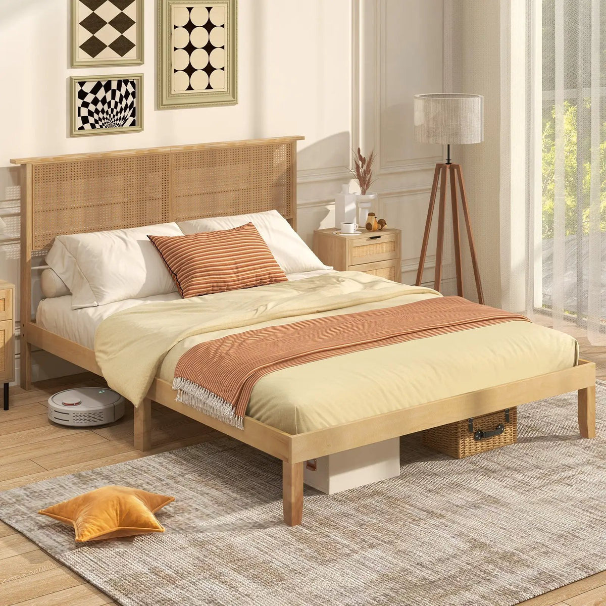 Twin/Full/Queen Size Bed Frame with Rattan Headboard, photo 5 of 10