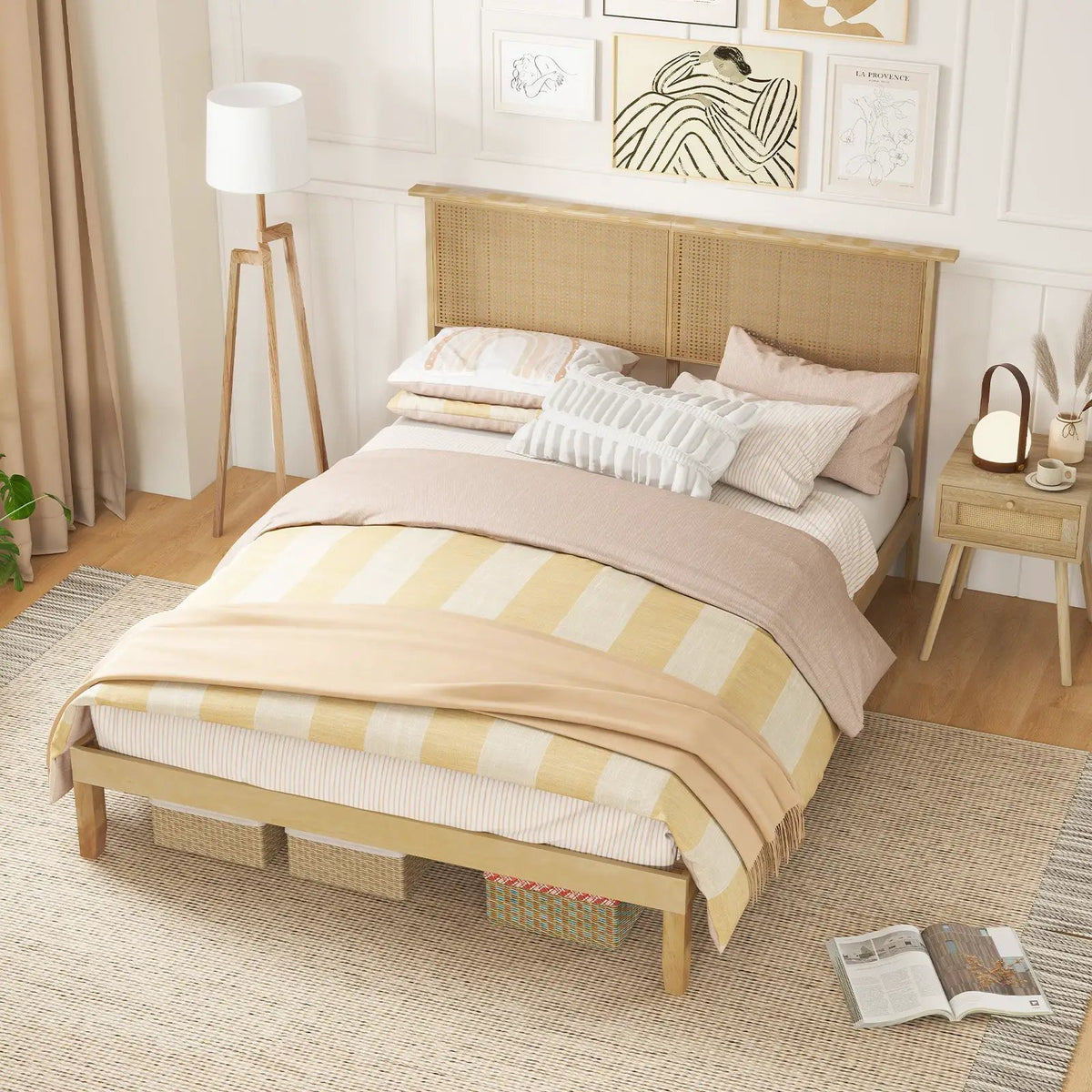 Twin/Full/Queen Size Bed Frame with Rattan Headboard, photo 6 of 10