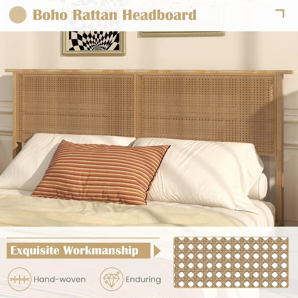 Twin/Full/Queen Size Bed Frame with Rattan Headboard, photo 7 of 10