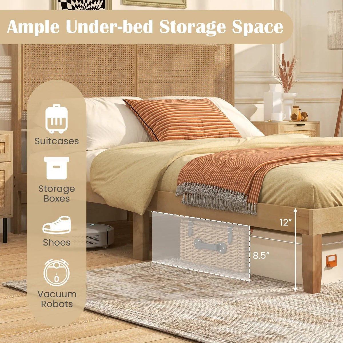 Twin/Full/Queen Size Bed Frame with Rattan Headboard, photo 8 of 10