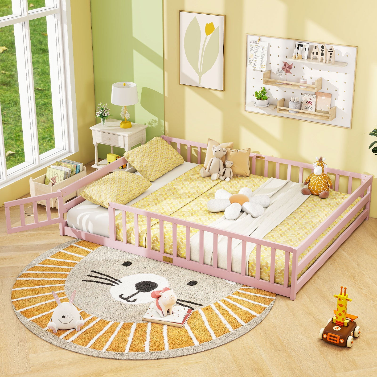 Queen Size Floor Bed Kids Montessori Bed Frame with Full Length Safety Guardrails by DirectDeals