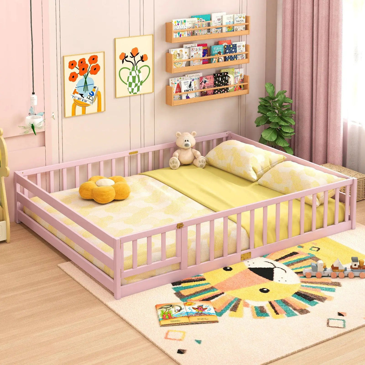 Queen Size Floor Bed Kids Montessori Bed Frame with Full Length Safety Guardrails, photo 23 of 48