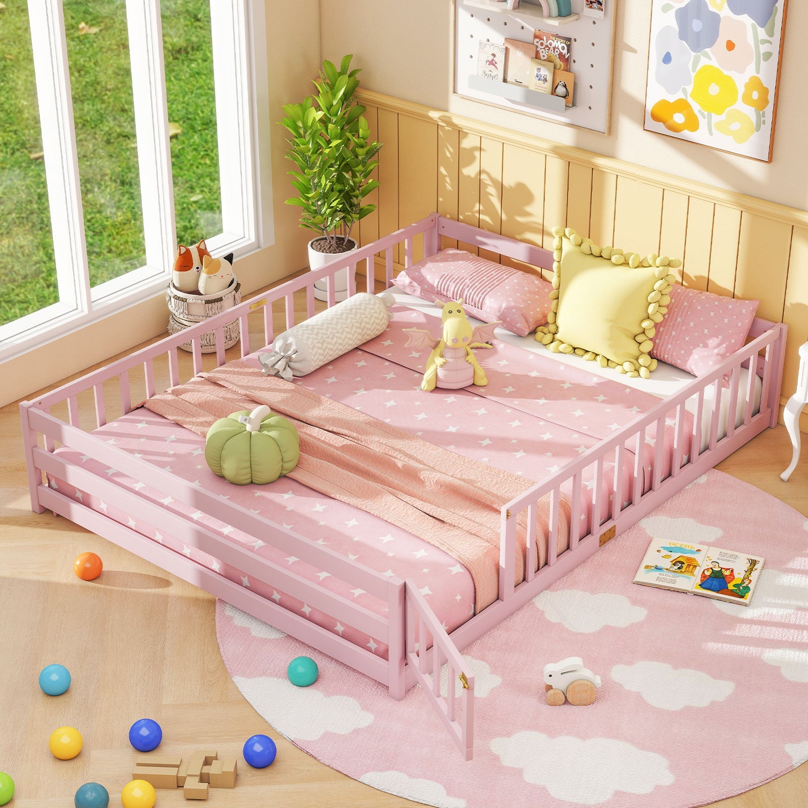 Queen Size Floor Bed Kids Montessori Bed Frame with Full Length Safety Guardrails by DirectDeals