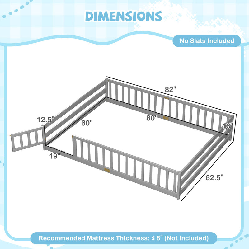 Queen Size Floor Bed Kids Montessori Bed Frame with Full Length Safety Guardrails by DirectDeals