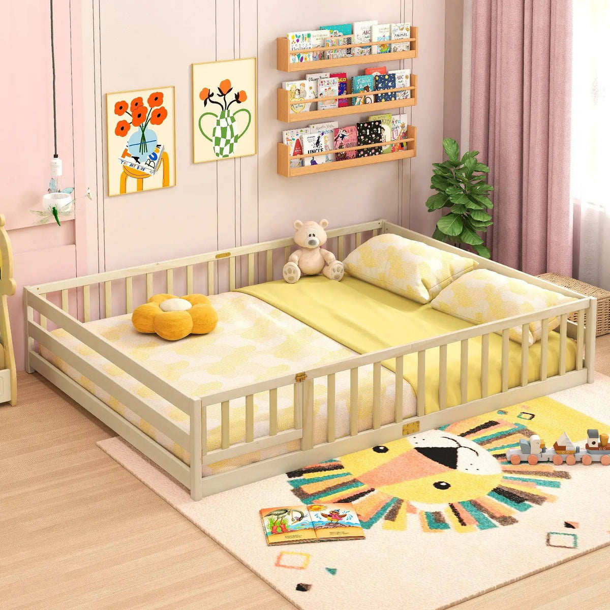 Queen Size Floor Bed Kids Montessori Bed Frame with Full Length Safety Guardrails, photo 37 of 48