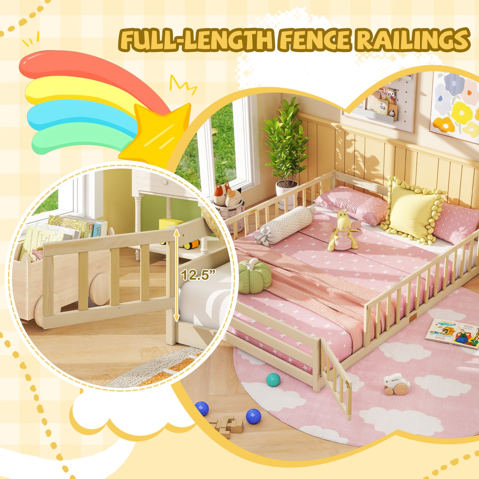 Queen Size Floor Bed Kids Montessori Bed Frame with Full Length Safety Guardrails by DirectDeals