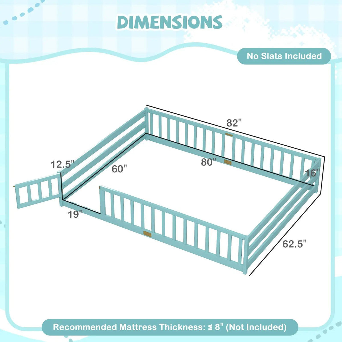 Queen Size Floor Bed Kids Montessori Bed Frame with Full Length Safety Guardrails, photo 15 of 48