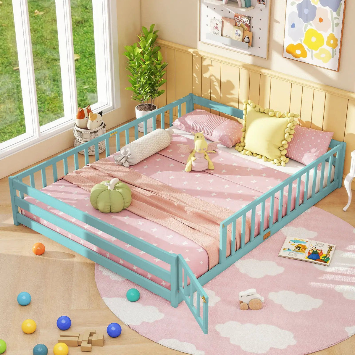 Queen Size Floor Bed Kids Montessori Bed Frame with Full Length Safety Guardrails, photo 17 of 48