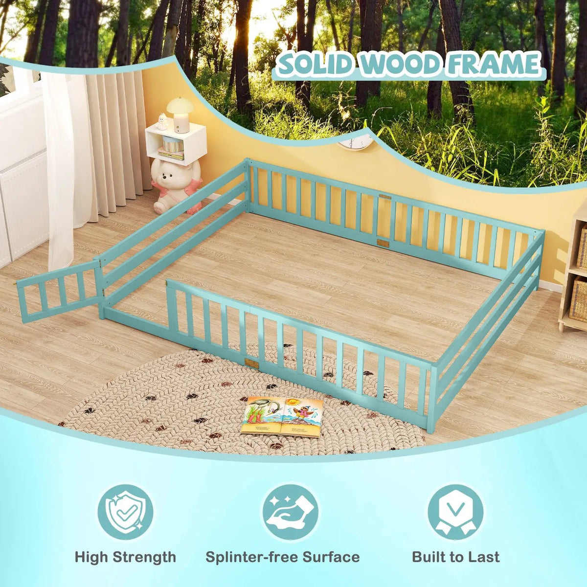 Queen Size Floor Bed Kids Montessori Bed Frame with Full Length Safety Guardrails, photo 18 of 48