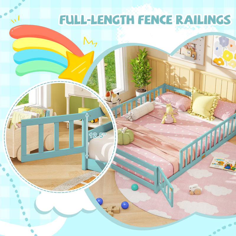 Queen Size Floor Bed Kids Montessori Bed Frame with Full Length Safety Guardrails by DirectDeals