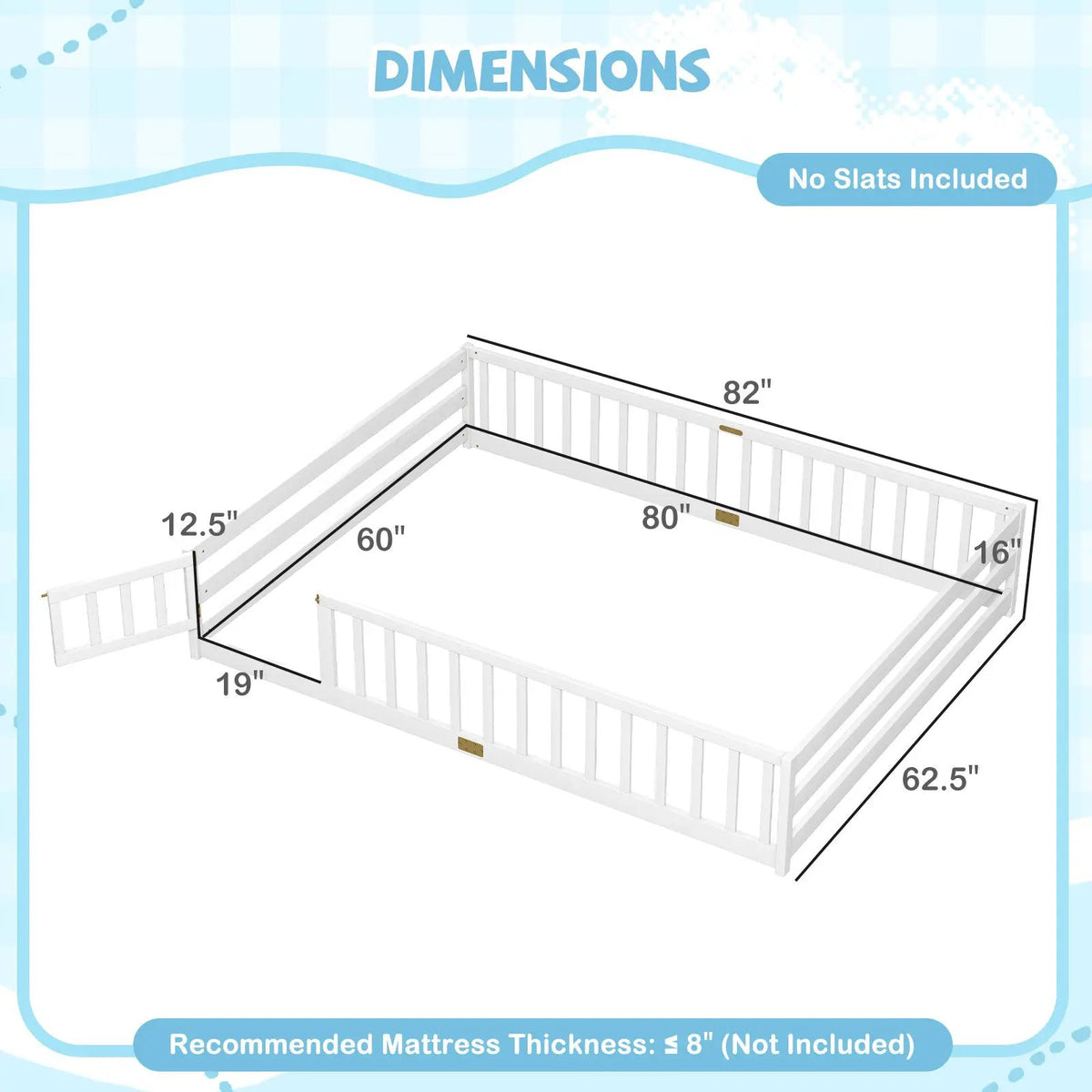 Queen Size Floor Bed Kids Montessori Bed Frame with Full Length Safety Guardrails, photo 29 of 48