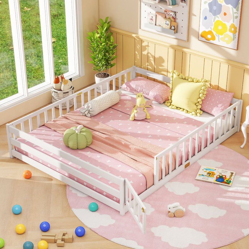 Queen Size Floor Bed Kids Montessori Bed Frame with Full Length Safety Guardrails by DirectDeals