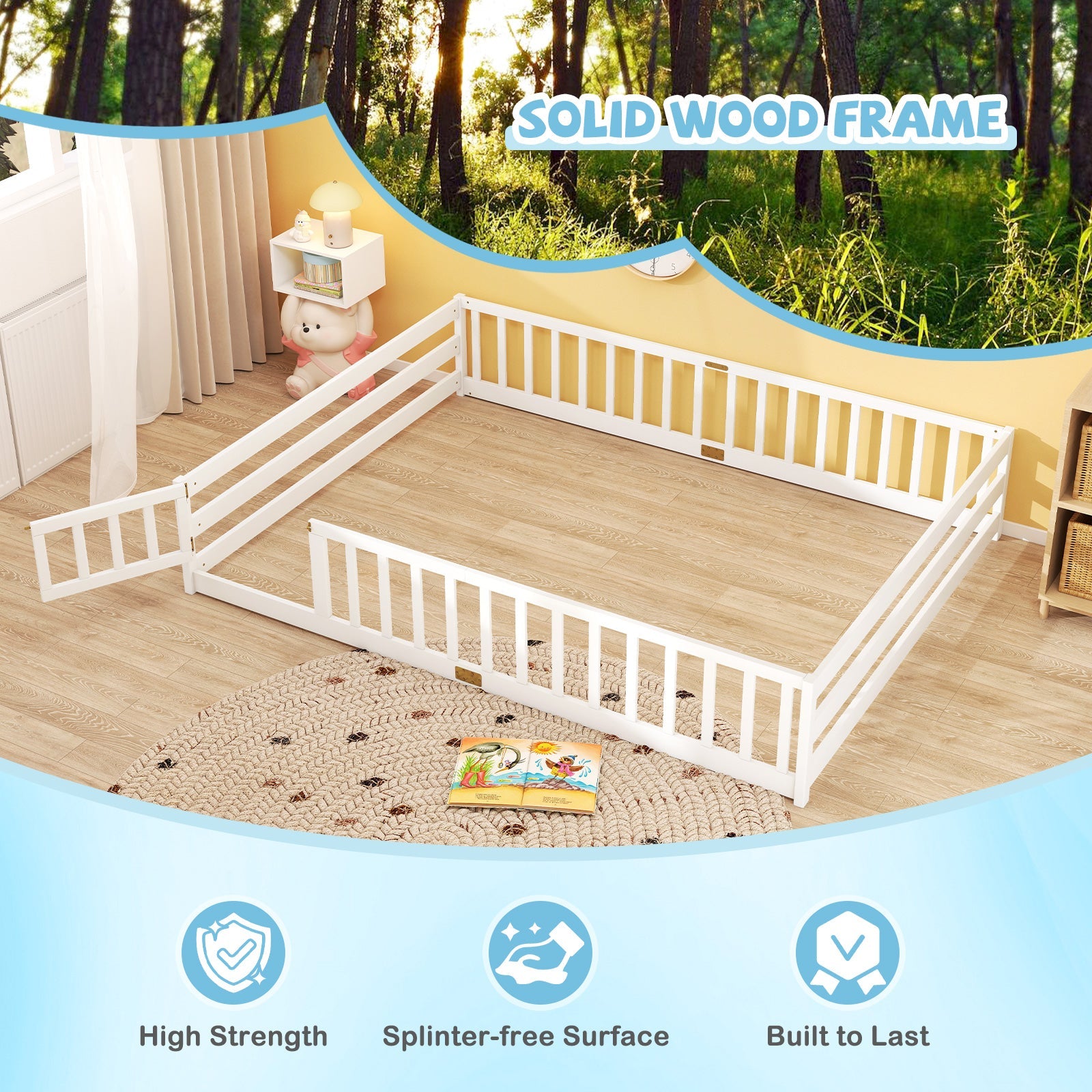 Queen Size Floor Bed Kids Montessori Bed Frame with Full Length Safety Guardrails by DirectDeals