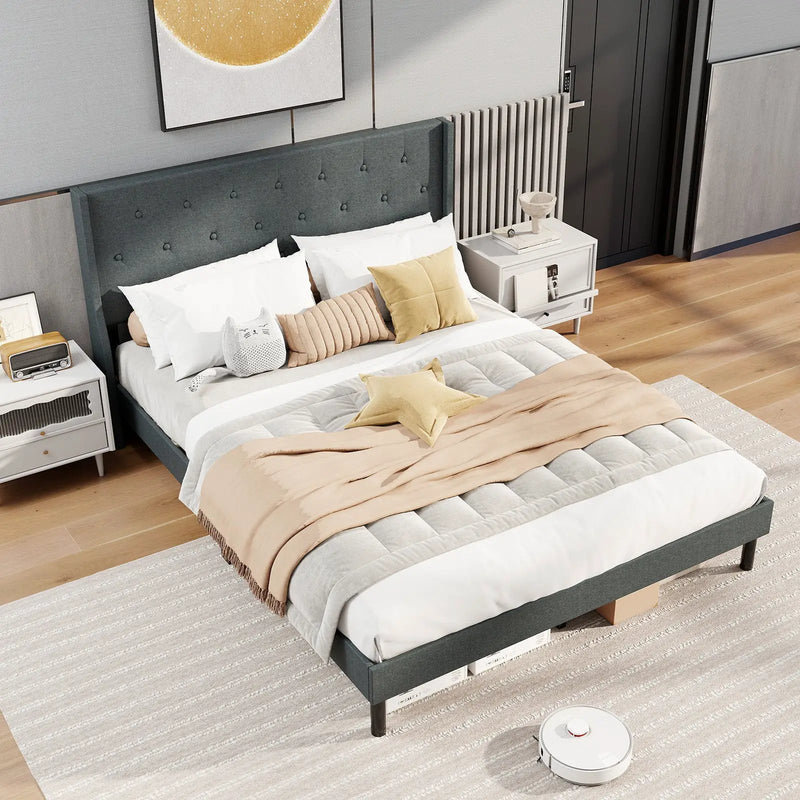 Queen Size Upholstered Bed Frame with Button Tufted Wingback Headboard and Wooden Slats Support Mattress Foundation-Gray by DirectDeals