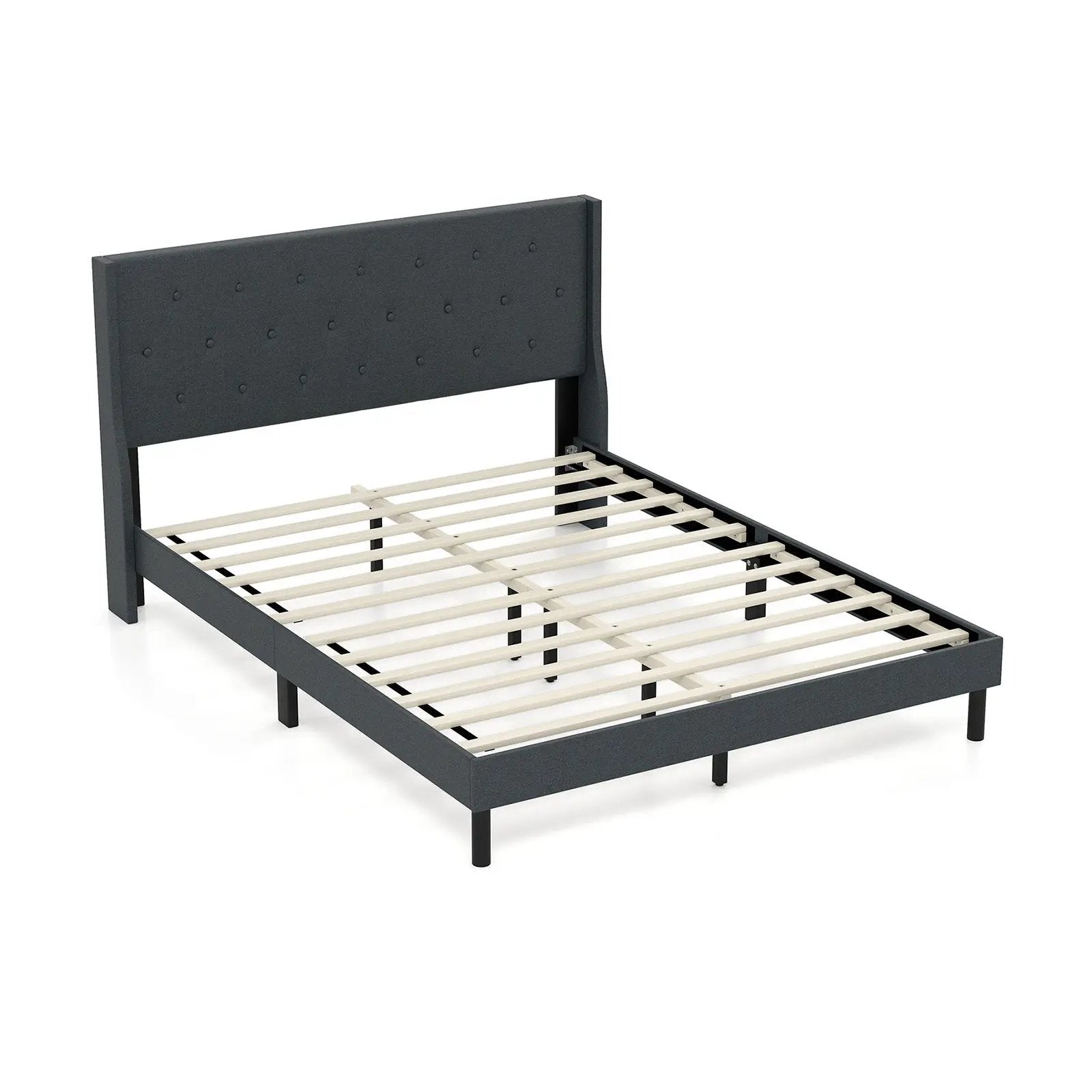Queen Size Upholstered Bed Frame with Button Tufted Wingback Headboard and Wooden Slats Support Mattress Foundation-Gray by DirectDeals