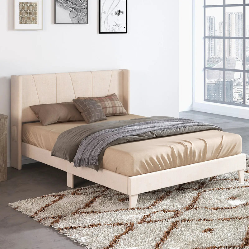Full/Queen Size Upholstered Bed Frame with Geometric Wingback Headboard by DirectDeals