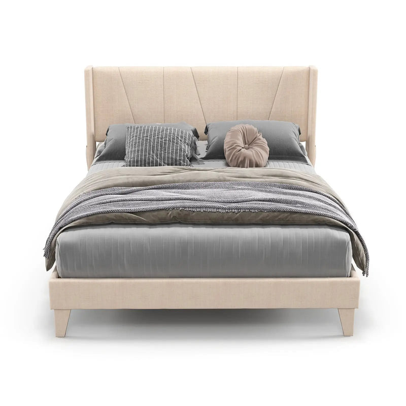 Full/Queen Size Upholstered Bed Frame with Geometric Wingback Headboard by DirectDeals