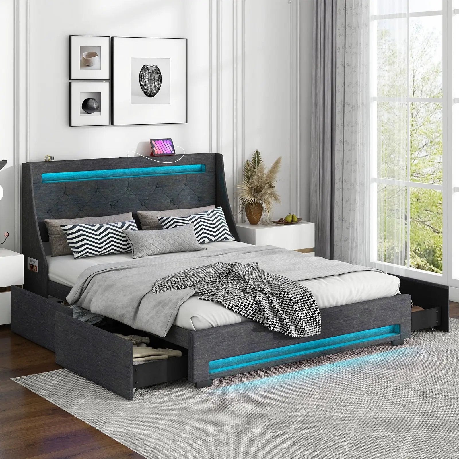 Queen Size Upholstered Platform Bed Frame with LED Lights and Charging Station-Grey by DirectDeals