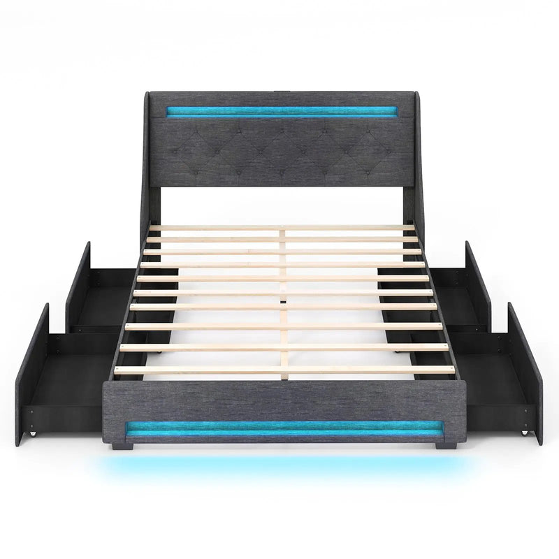 Queen Size Upholstered Platform Bed Frame with LED Lights and Charging Station-Grey by DirectDeals