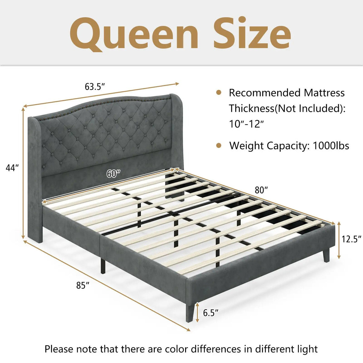 Full/Queen Size Upholstered Platform Bed Frame with Button Tufted Headboard, photo 5 of 9