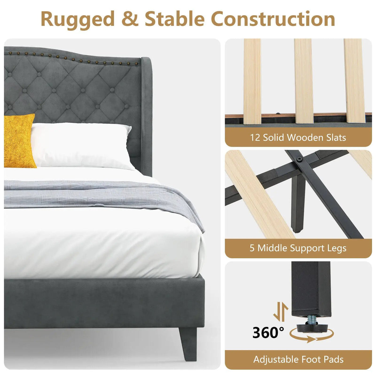 Full/Queen Size Upholstered Platform Bed Frame with Button Tufted Headboard, photo 7 of 9