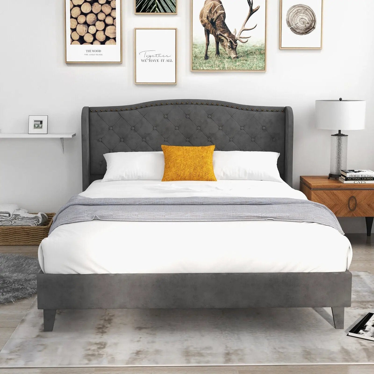 Full/Queen Size Upholstered Platform Bed Frame with Button Tufted Headboard, photo 2 of 9