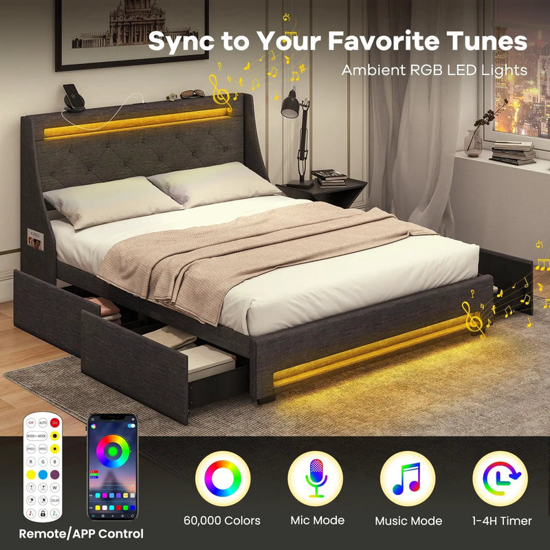 Queen Size Upholstered Platform Bed Frame with LED Lights and Charging Station-Grey by DirectDeals