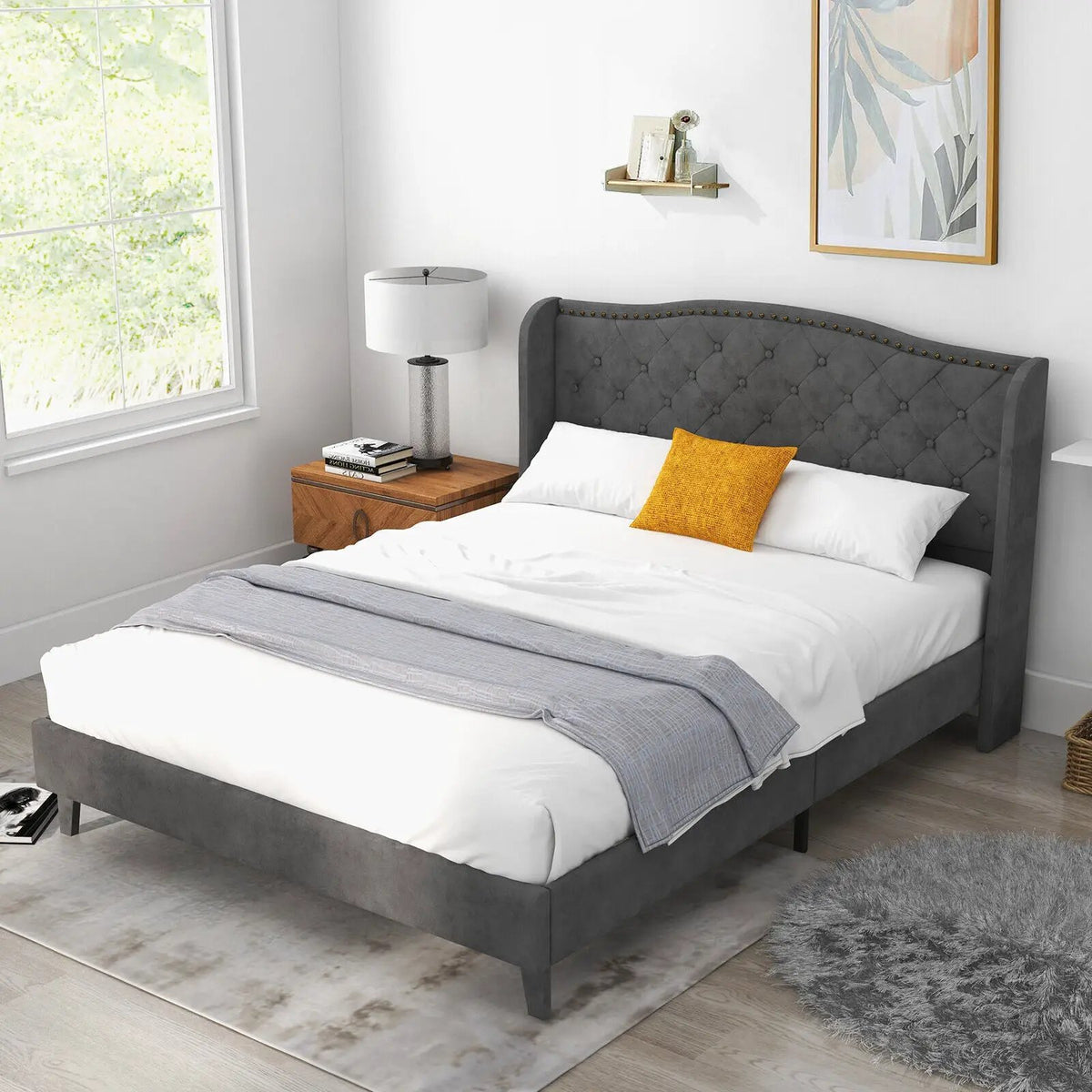 Full/Queen Size Upholstered Platform Bed Frame with Button Tufted Headboard, photo 8 of 9