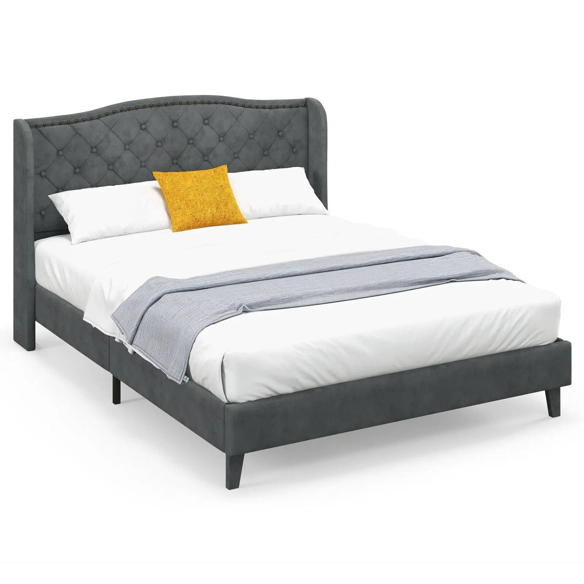 Full/Queen Size Upholstered Platform Bed Frame with Button Tufted Headboard, photo 4 of 9