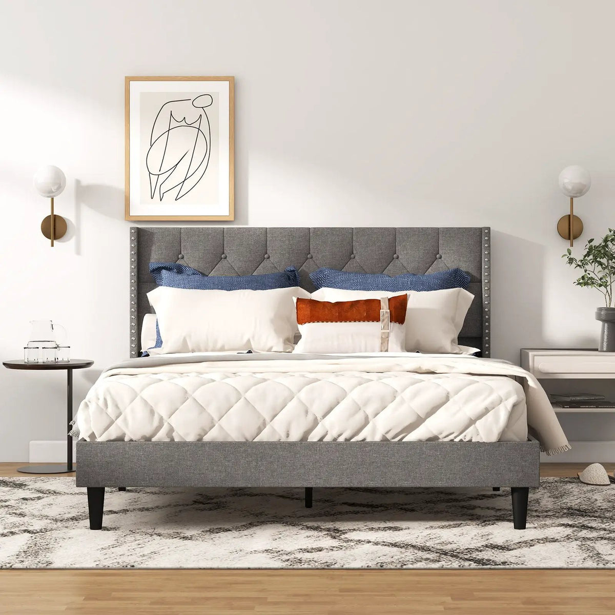 Full/Queen Size Upholstered Platform Bed with Button Tufted Headboard, photo 2 of 9