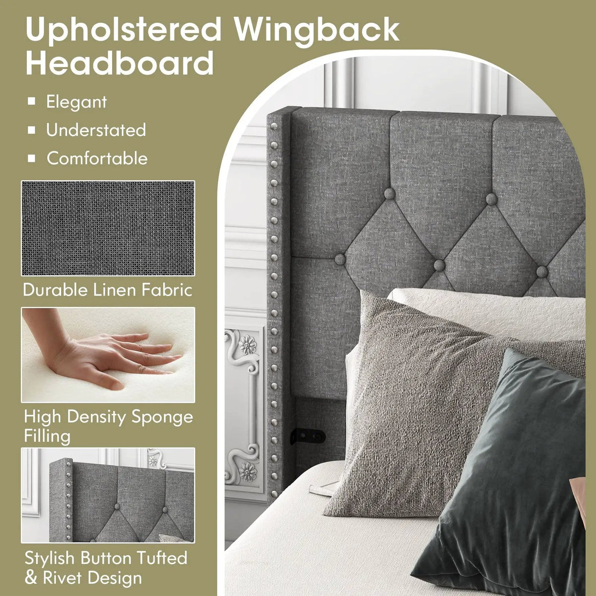 Full/Queen Size Upholstered Platform Bed with Button Tufted Headboard, photo 7 of 9