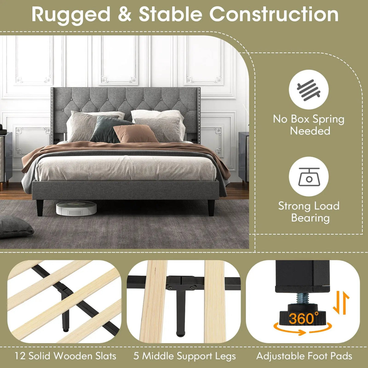 Full/Queen Size Upholstered Platform Bed with Button Tufted Headboard, photo 8 of 9