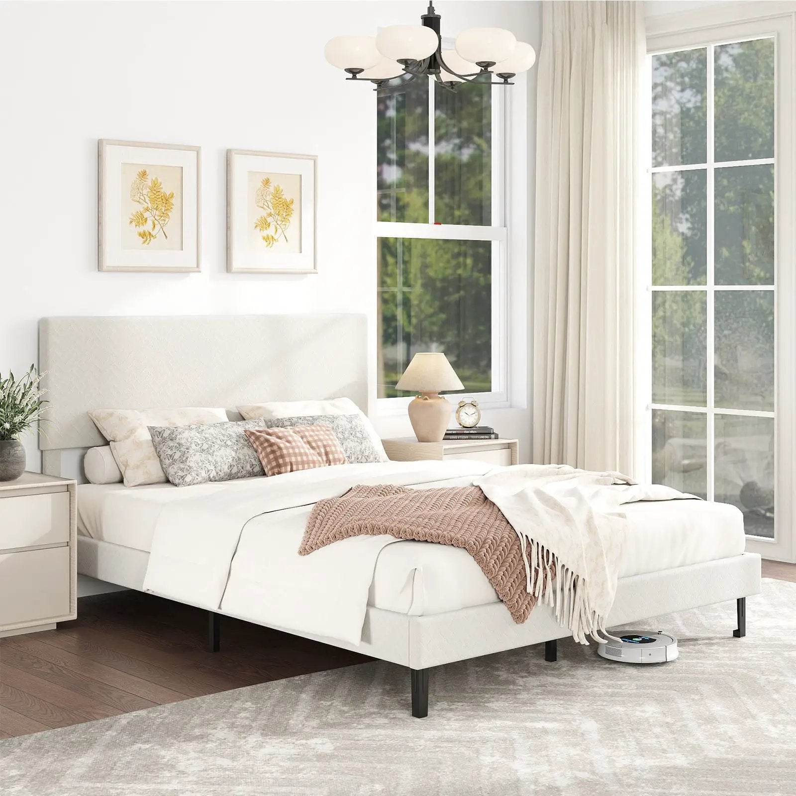 Twin/Full/Queen Size Velvet Bed Frame Upholstered Platform Bed with Chevron Headboard Beige by DirectDeals
