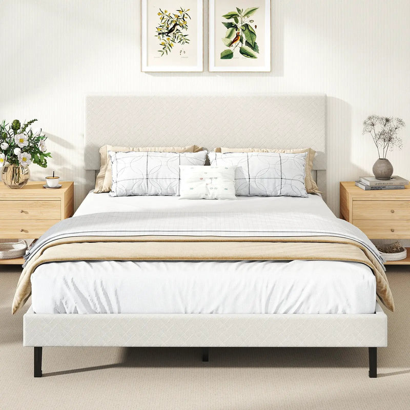 Twin/Full/Queen Size Velvet Bed Frame Upholstered Platform Bed with Chevron Headboard Beige by DirectDeals