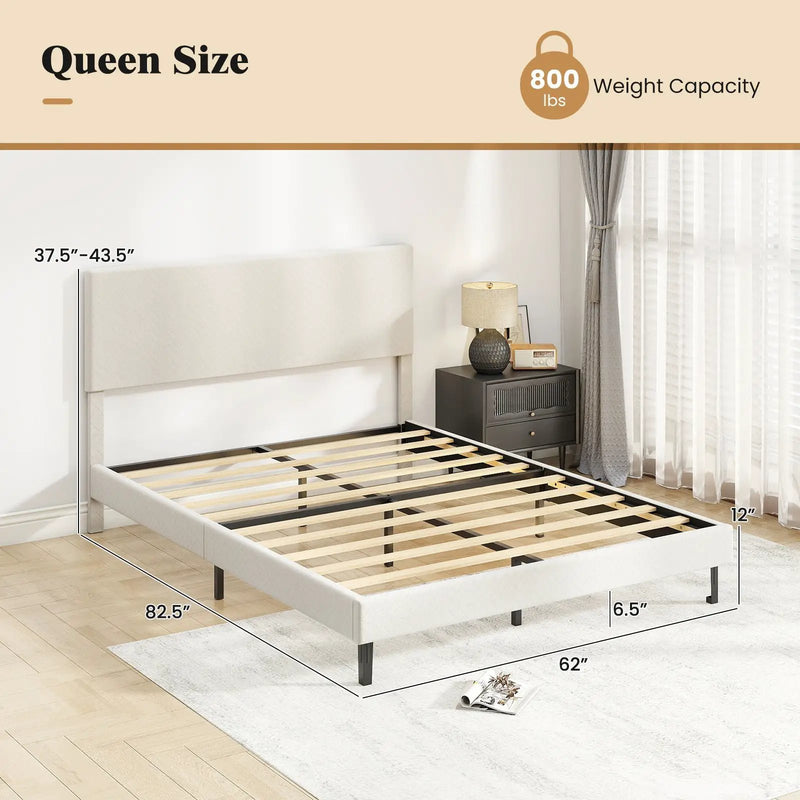 Twin/Full/Queen Size Velvet Bed Frame Upholstered Platform Bed with Chevron Headboard Beige by DirectDeals