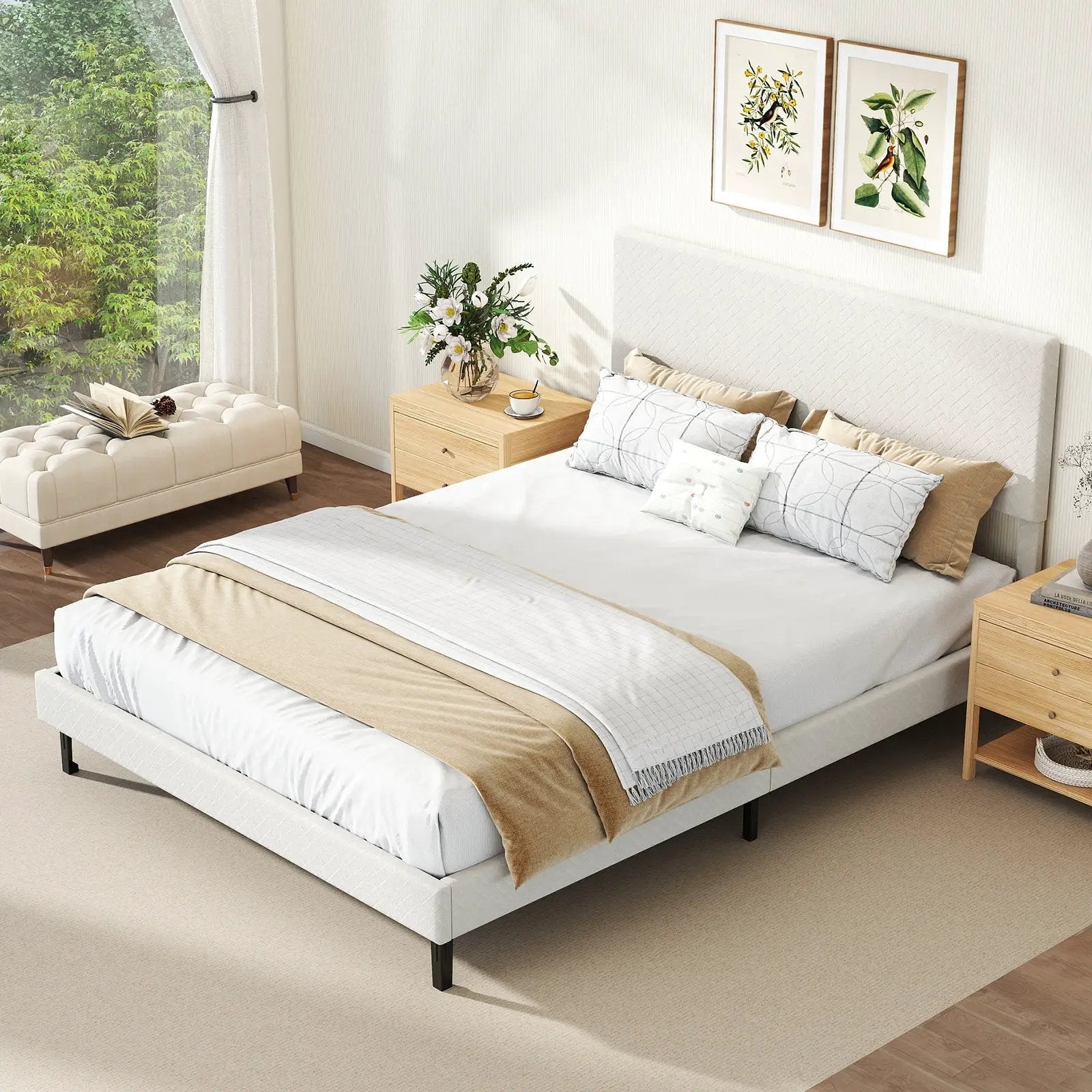 Twin/Full/Queen Size Velvet Bed Frame Upholstered Platform Bed with Chevron Headboard Beige by DirectDeals