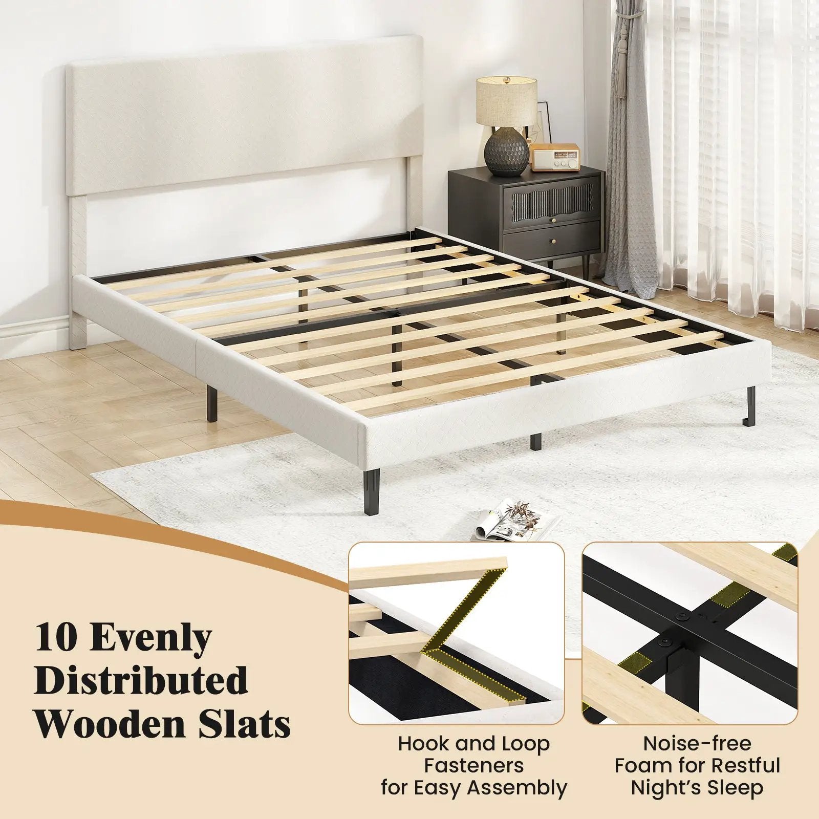 Twin/Full/Queen Size Velvet Bed Frame Upholstered Platform Bed with Chevron Headboard Beige by DirectDeals
