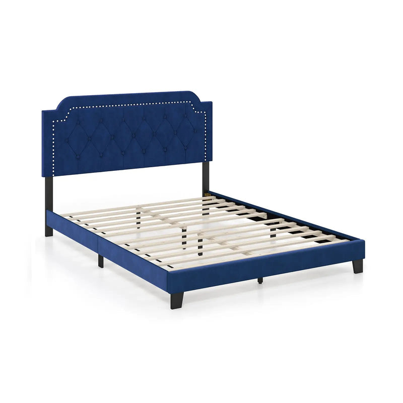 Queen Size Velvet Platform Bed with Button Tufted and Nailhead Trim Headboard-Queen Size by DirectDeals