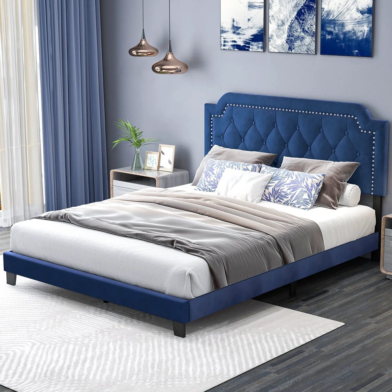 Queen Size Velvet Platform Bed with Button Tufted and Nailhead Trim Headboard-Queen Size by DirectDeals