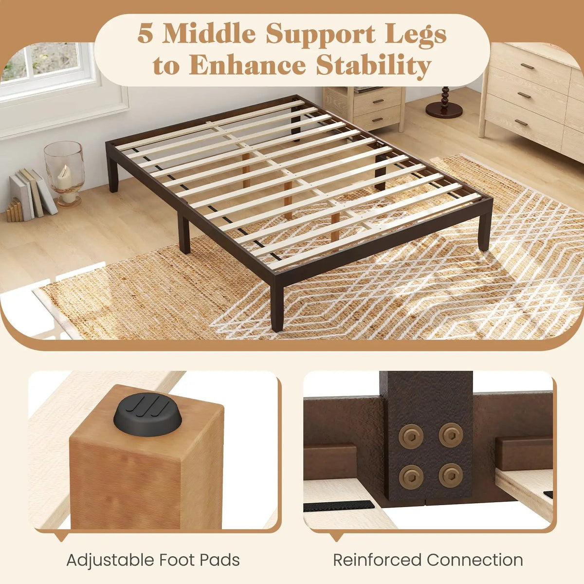 Queen Size Wood Bed Frame with Wooden Slats Support and Rubber Wood Legs, photo 7 of 9