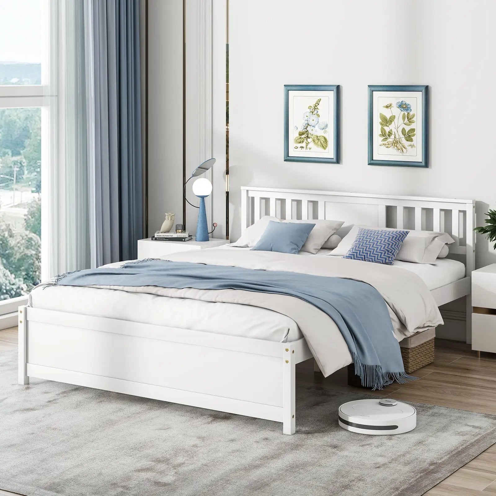 Wooden Platform Bed with Headboard and Wood Slat Support White by DirectDeals