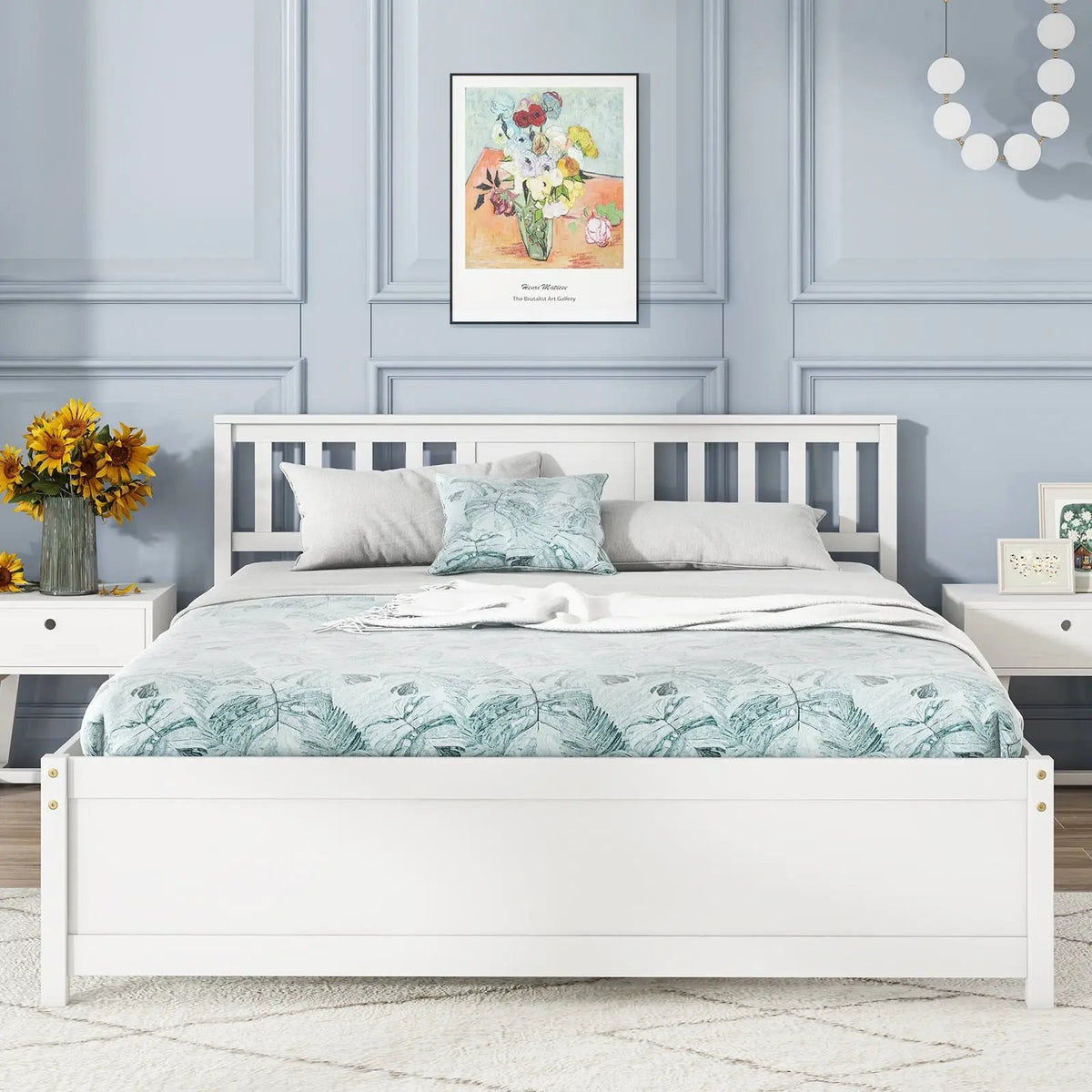 Wooden Platform Bed with Headboard and Wood Slat Support White, photo 2 of 10