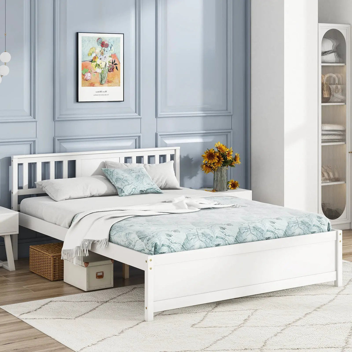 Wooden Platform Bed with Headboard and Wood Slat Support White, photo 5 of 10